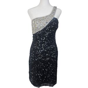 Scala Black and Silver/Gold Beads w/ Sequin One-Shoulder Dress‎